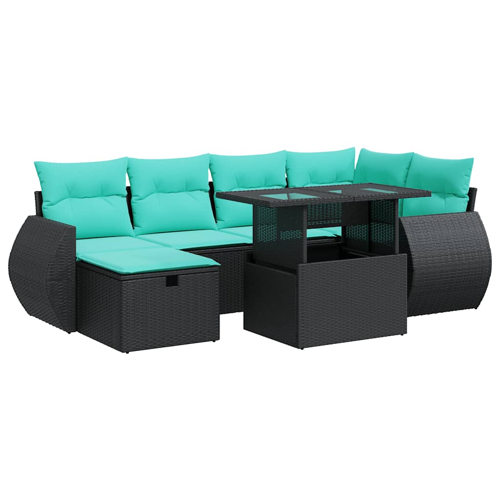 7-tlg. Garten-Sofagarnitur mit Kissen Grau Poly Rattan Akazie