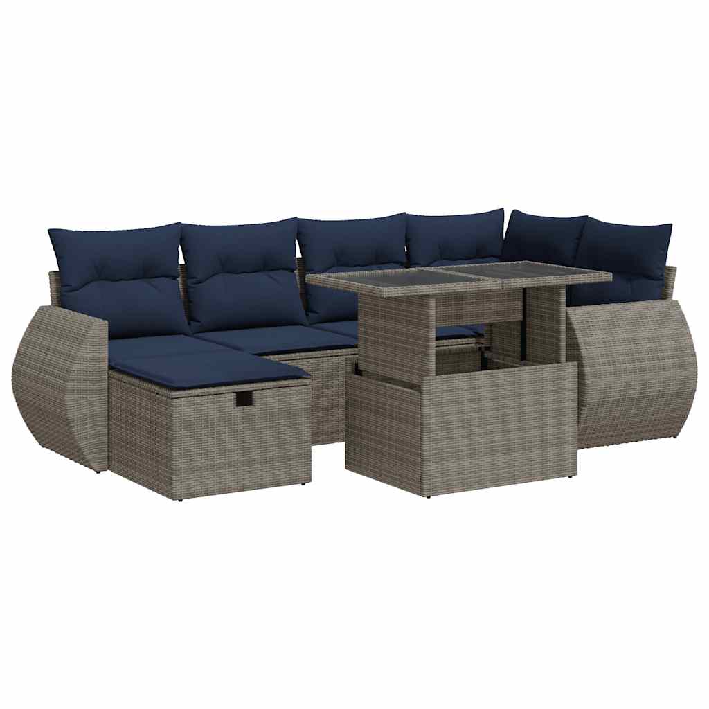 7-tlg. Garten-Sofagarnitur mit Kissen Grau Poly Rattan Akazie