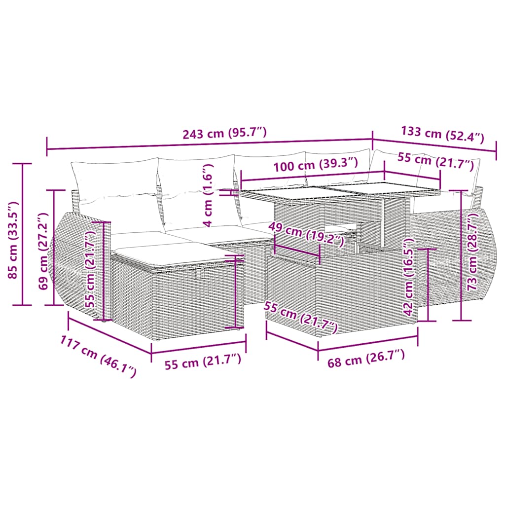 7-tlg. Garten-Sofagarnitur mit Kissen Braun Poly Rattan