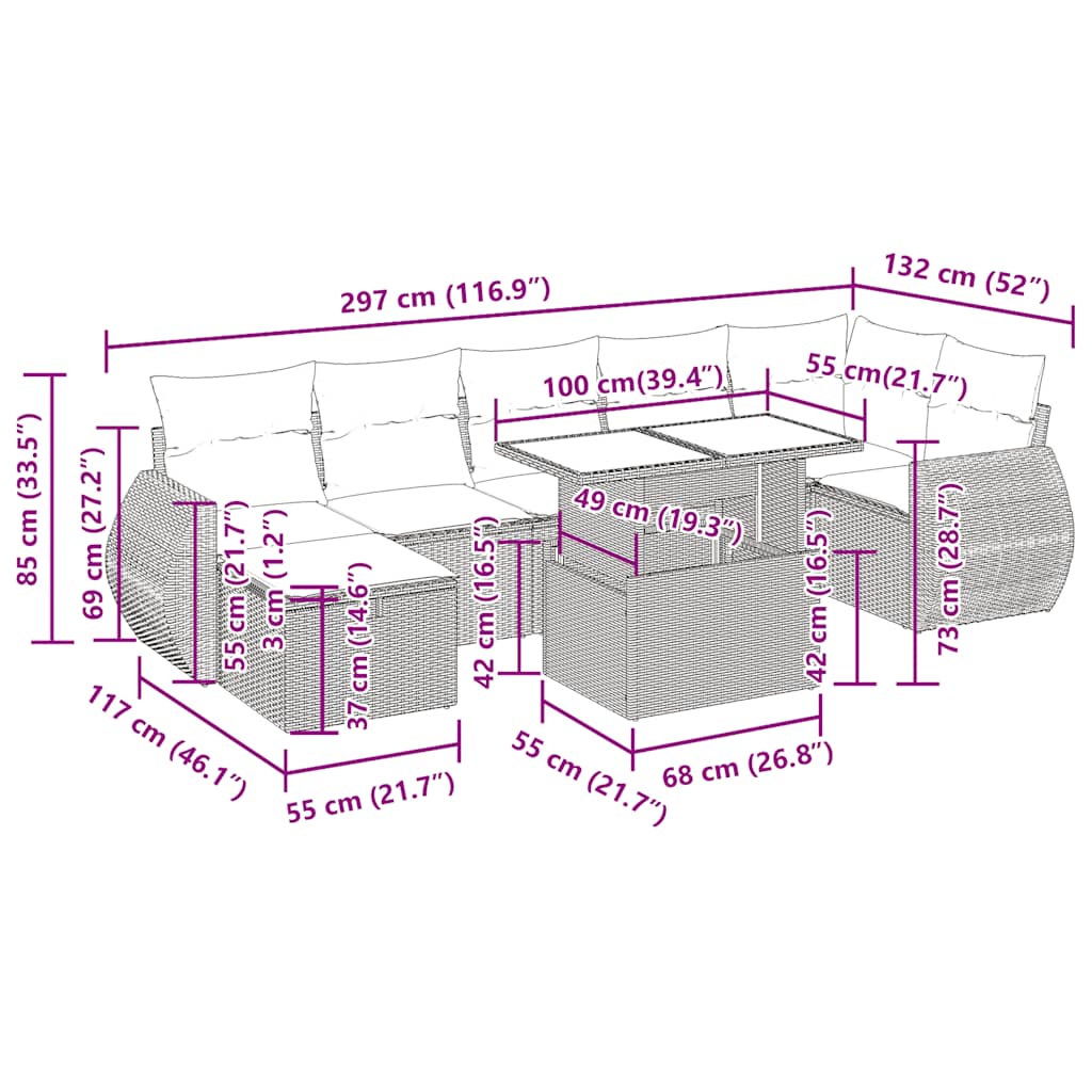 8-tlg. Garten-Sofagarnitur mit Kissen Schwarz Poly Rattan