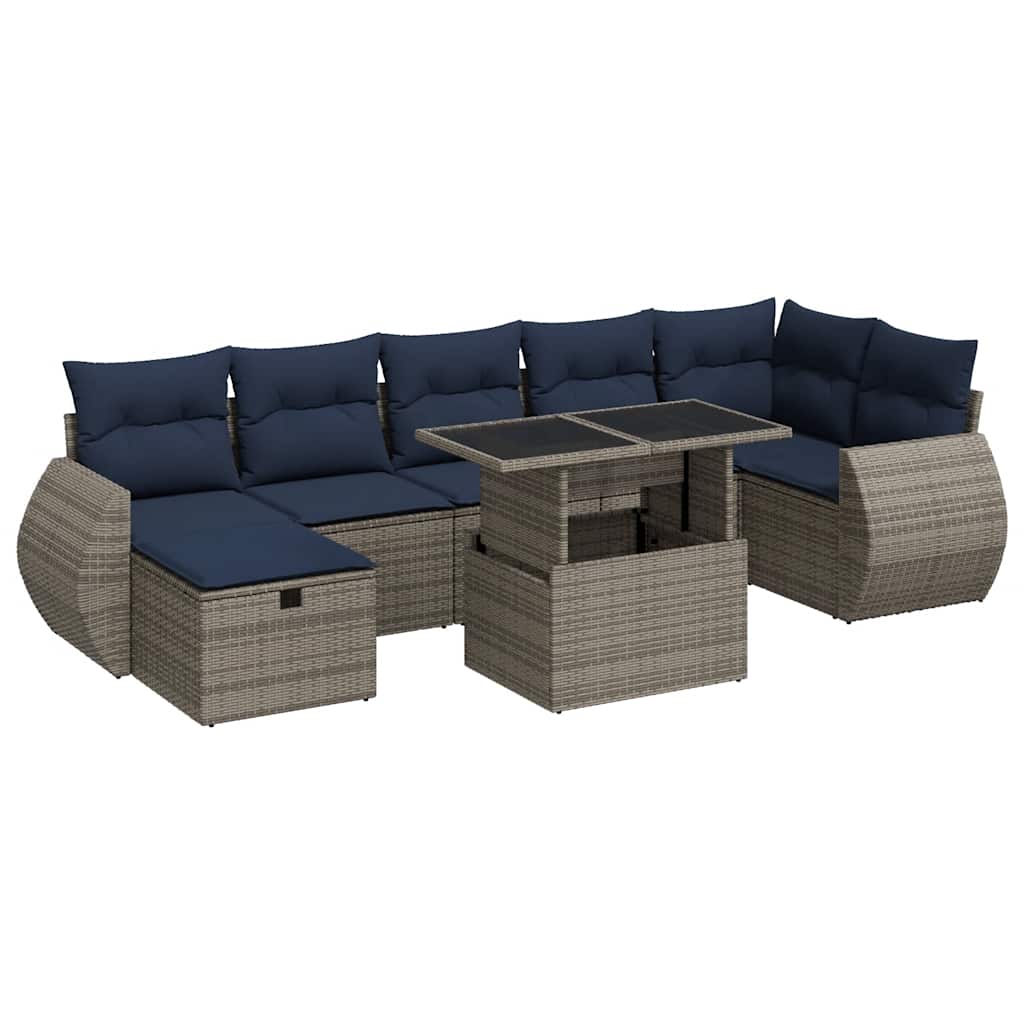 8-tlg. Garten-Sofagarnitur mit Kissen Grau Poly Rattan Akazie