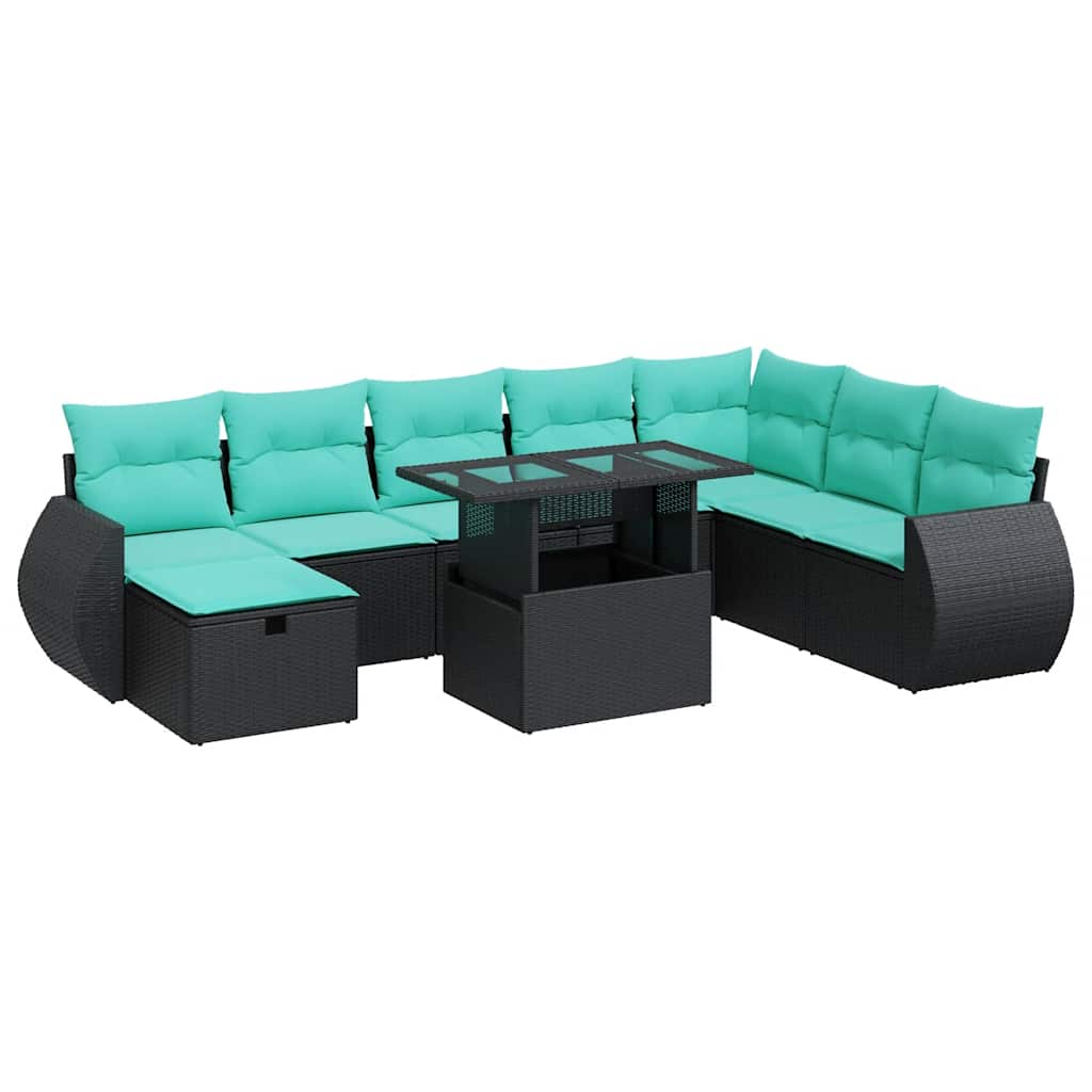 9-tlg. Garten-Sofagarnitur mit Kissen Grau Poly Rattan Akazie