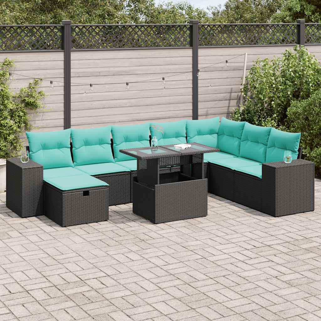 9-tlg. Garten-Sofagarnitur mit Kissen Grau Poly Rattan Akazie