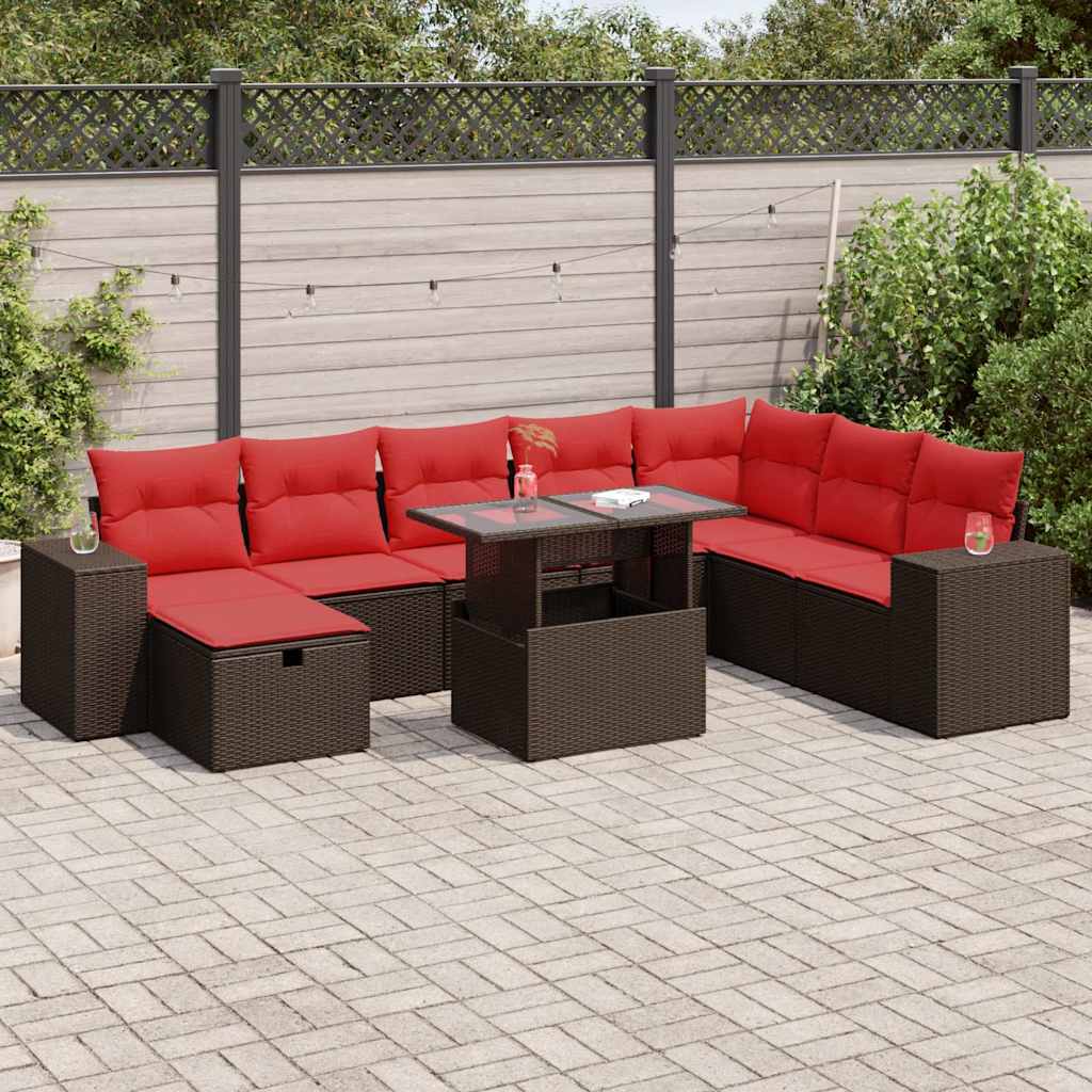 9-tlg. Garten-Sofagarnitur mit Kissen Schwarz Poly Rattan