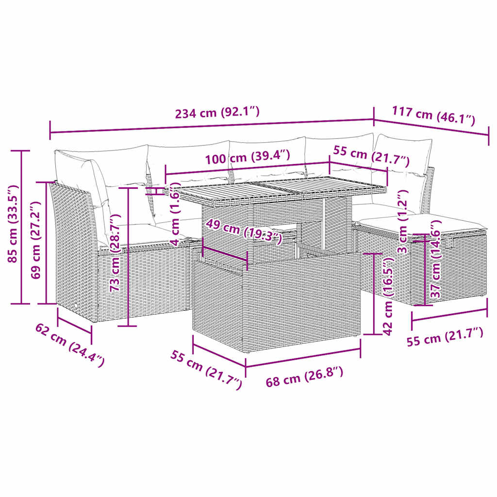 6-tlg. Garten-Sofagarnitur mit Kissen Beige Poly Rattan Akazie