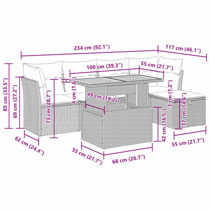 6-tlg. Garten-Sofagarnitur mit Kissen Grau Poly Rattan Akazie