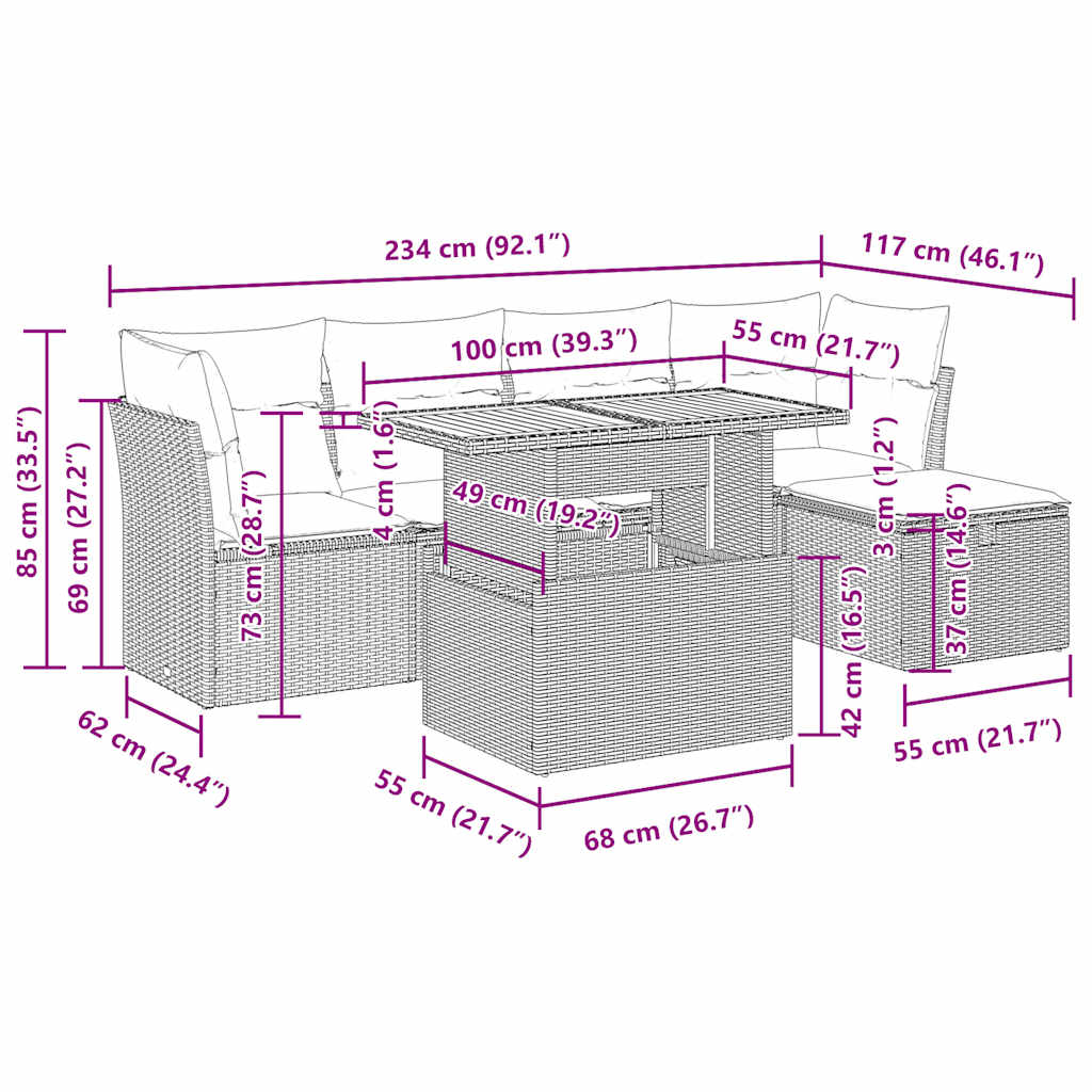 6-tlg. Garten-Sofagarnitur mit Kissen Grau Poly Rattan Akazie