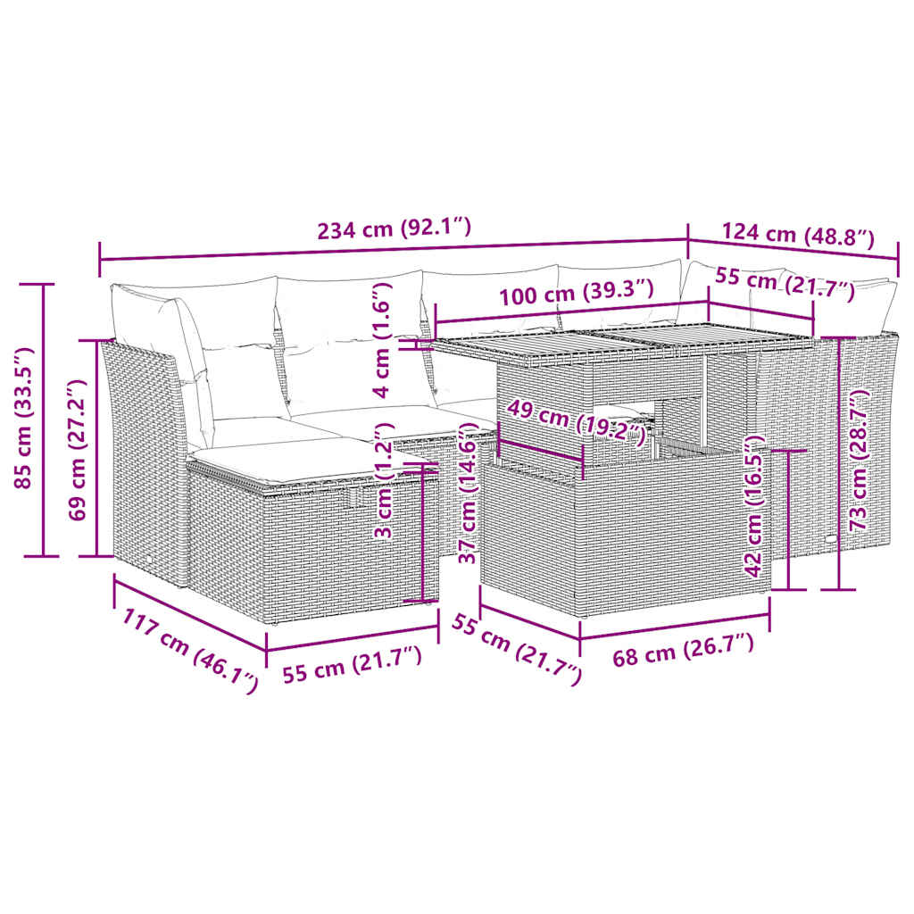 7-tlg. Garten-Sofagarnitur mit Kissen Braun Poly Rattan Akazie