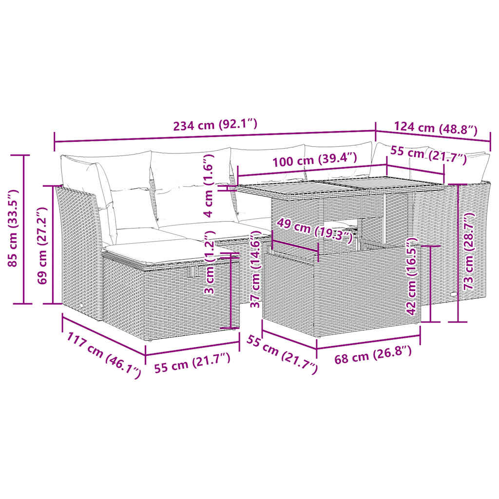 7-tlg. Garten-Sofagarnitur mit Kissen Beige Poly Rattan Akazie