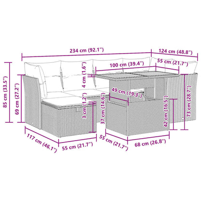 7-tlg. Garten-Sofagarnitur mit Kissen Beige Poly Rattan Akazie