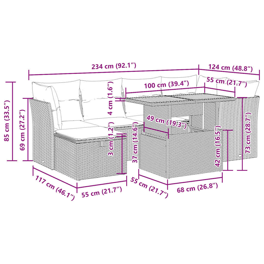 7-tlg. Garten-Sofagarnitur mit Kissen Beige Poly Rattan Akazie