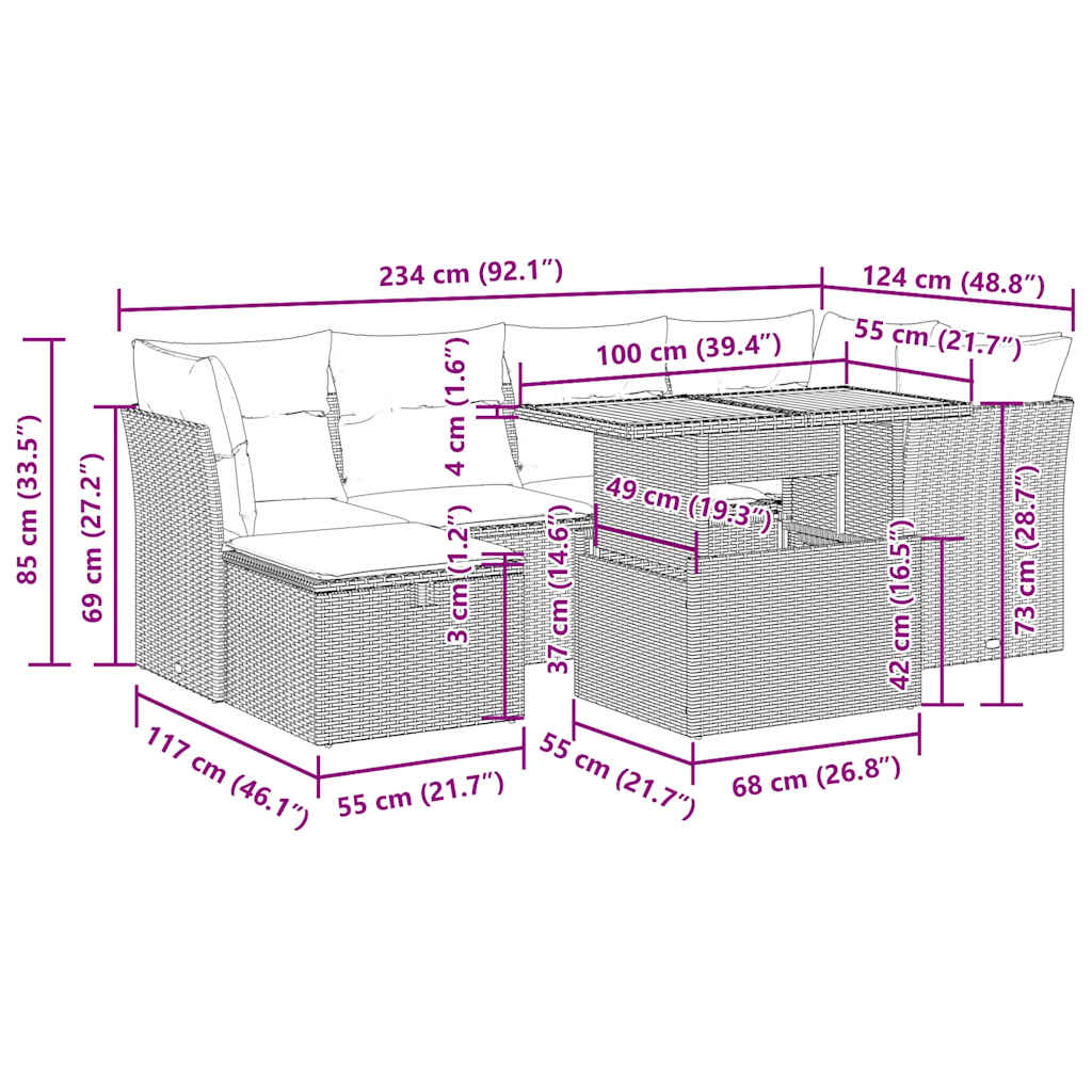 7-tlg. Garten-Sofagarnitur mit Kissen Grau Poly Rattan Akazie