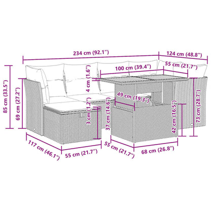 7-tlg. Garten-Sofagarnitur mit Kissen Grau Poly Rattan Akazie