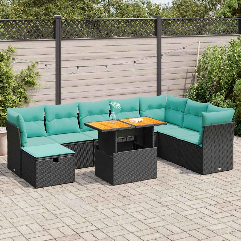 9-tlg. Garten-Sofagarnitur mit Kissen Grau Poly Rattan Akazie
