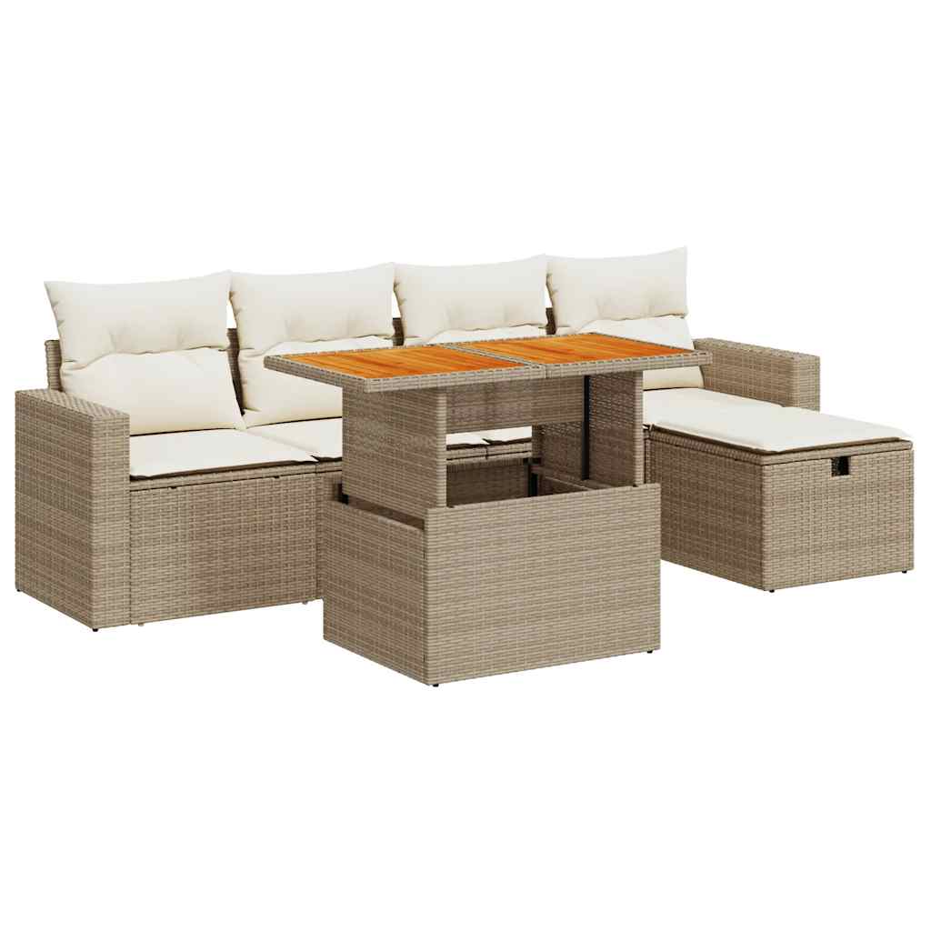 6-tlg. Garten-Sofagarnitur mit Kissen Beige Poly Rattan Akazie
