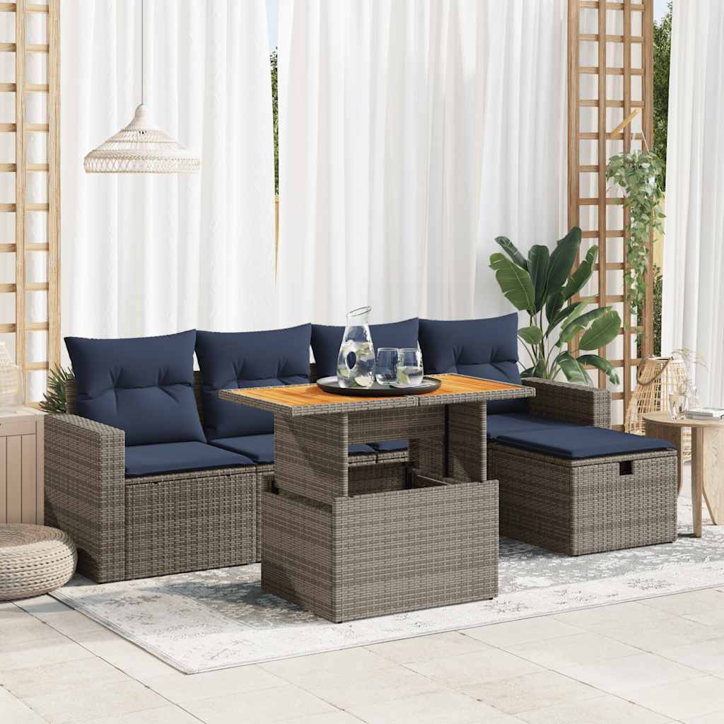 6-tlg. Garten-Sofagarnitur mit Kissen Grau Poly Rattan Akazie