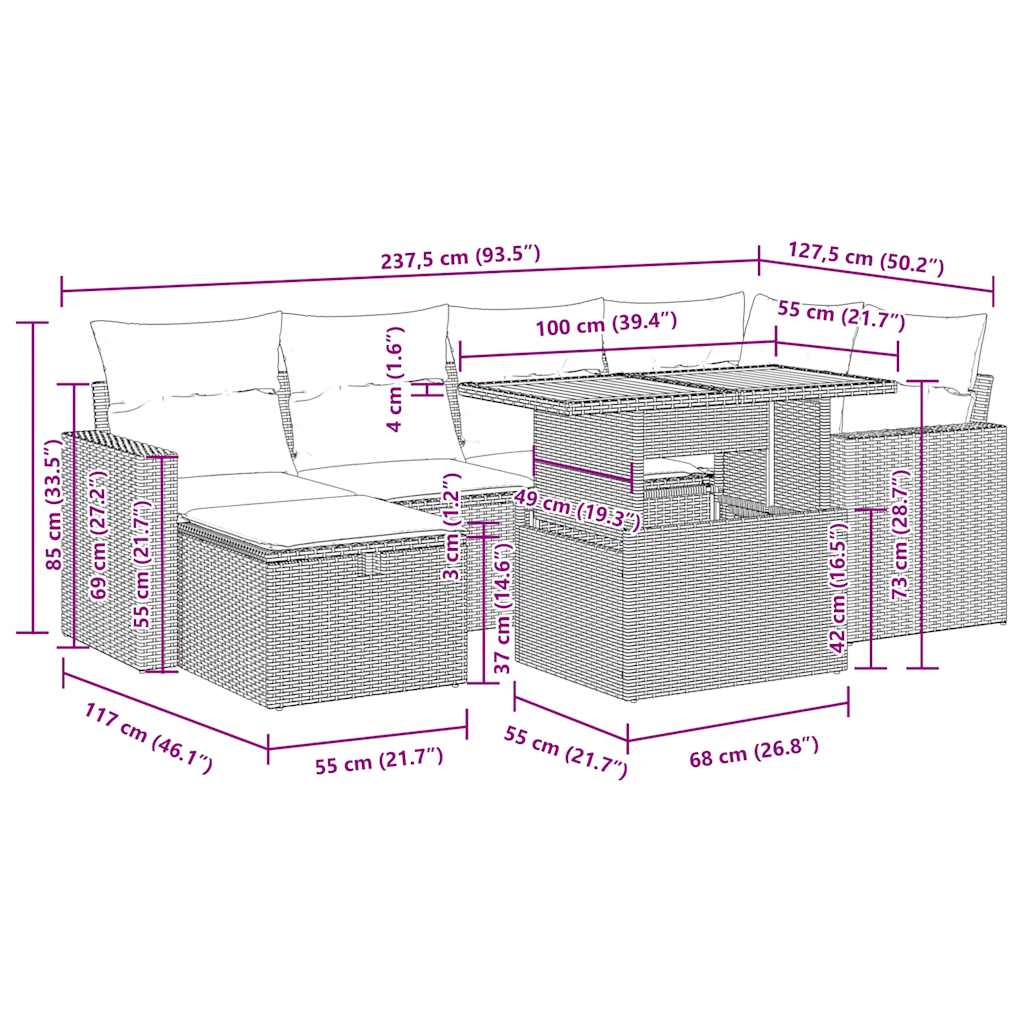 8-tlg. Garten-Sofagarnitur mit Kissen Schwarz Poly Rattan