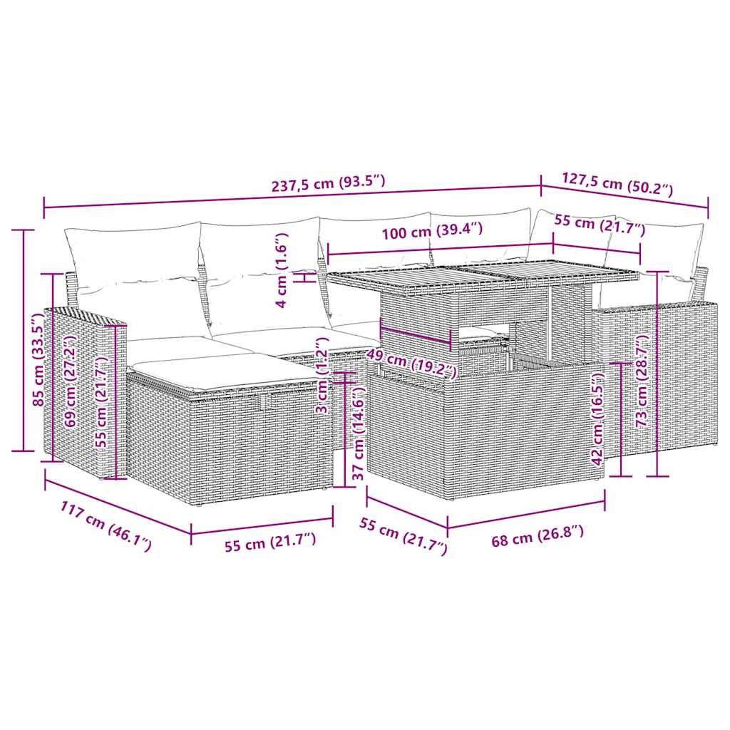 7-tlg. Garten-Sofagarnitur mit Kissen Braun Poly Rattan Akazie