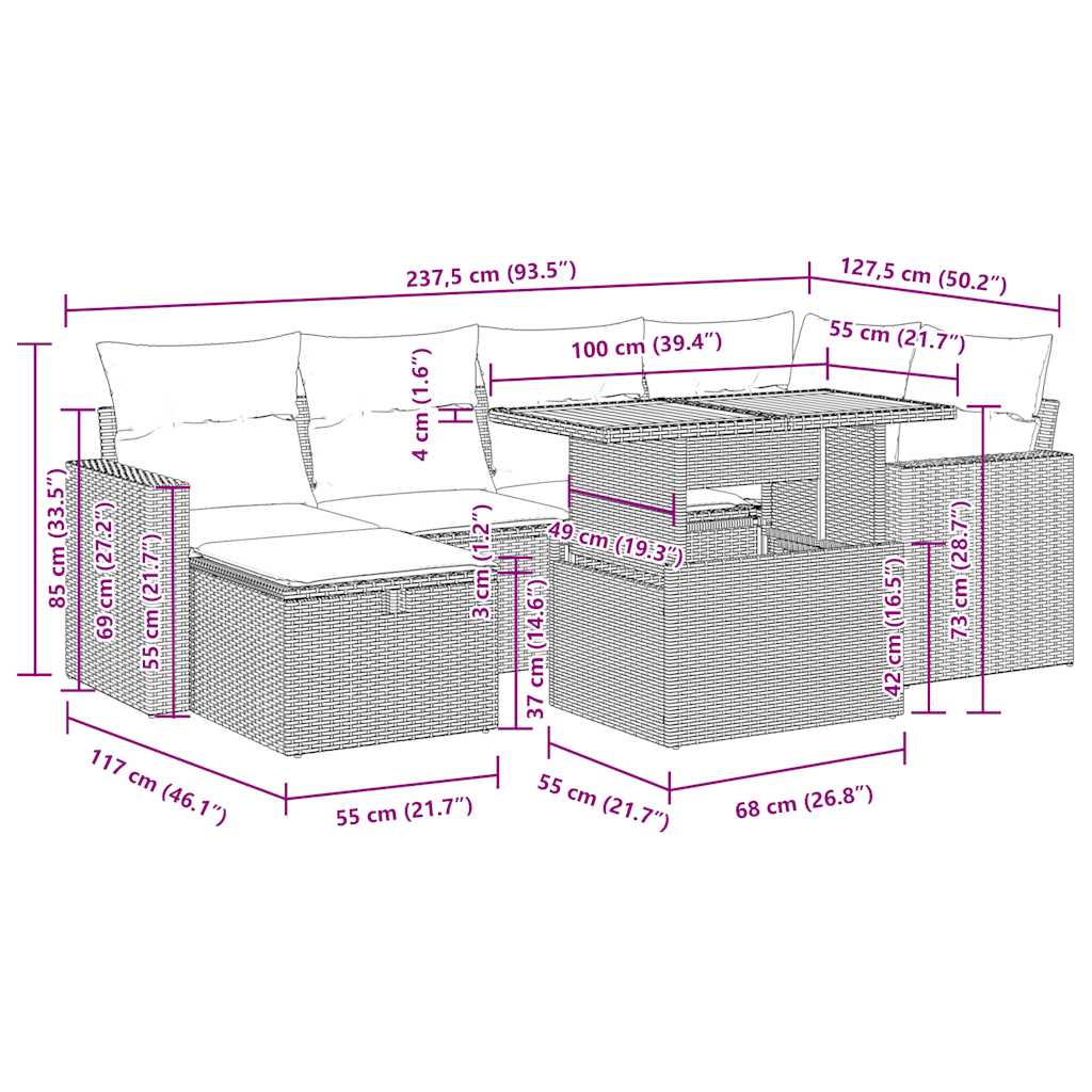 8-tlg. Garten-Sofagarnitur mit Kissen Grau Poly Rattan Akazie