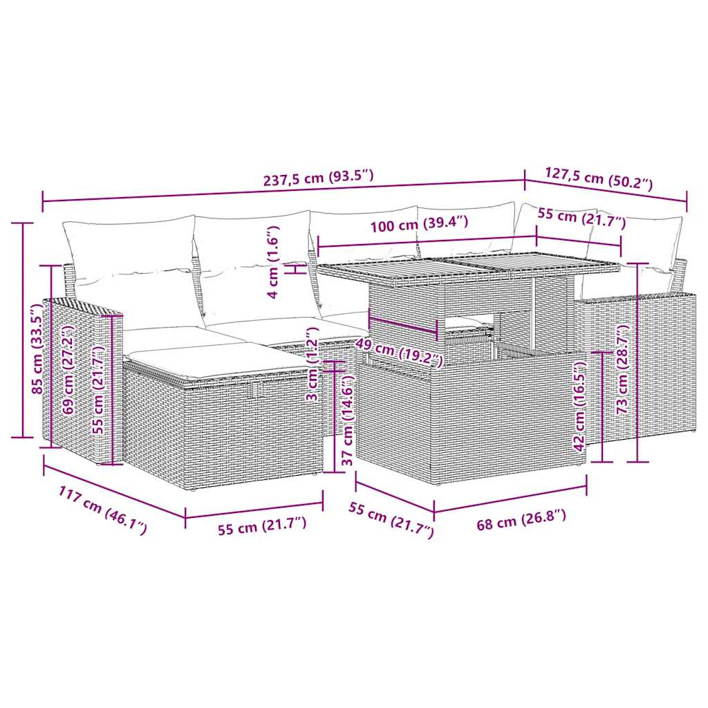7-tlg. Garten-Sofagarnitur mit Kissen Schwarz Poly Rattan
