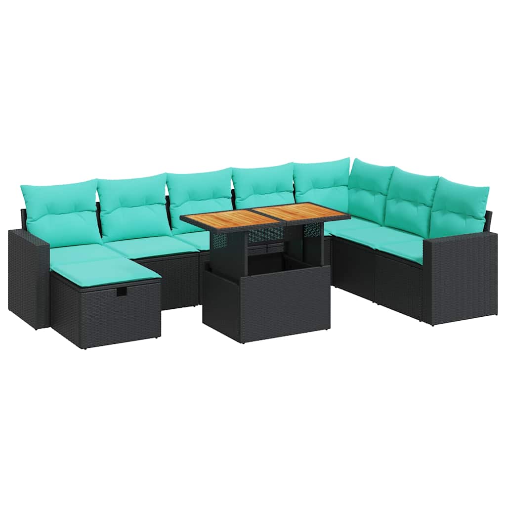9-tlg. Garten-Sofagarnitur mit Kissen Schwarz Poly Rattan