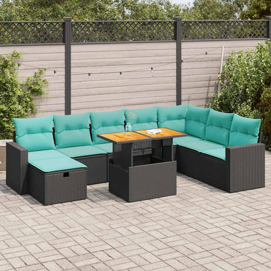 9-tlg. Garten-Sofagarnitur mit Kissen Schwarz Poly Rattan