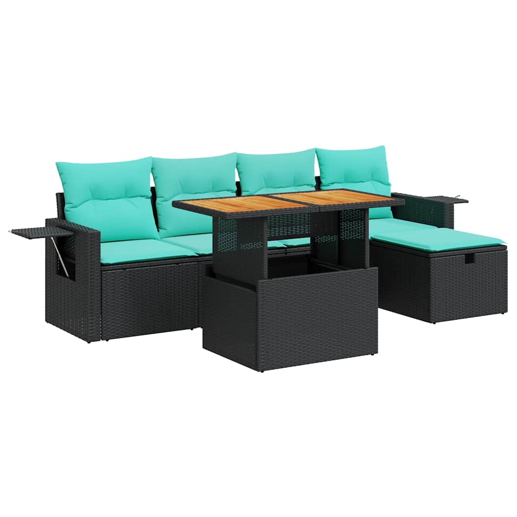 6-tlg. Garten-Sofagarnitur mit Kissen Schwarz Poly Rattan