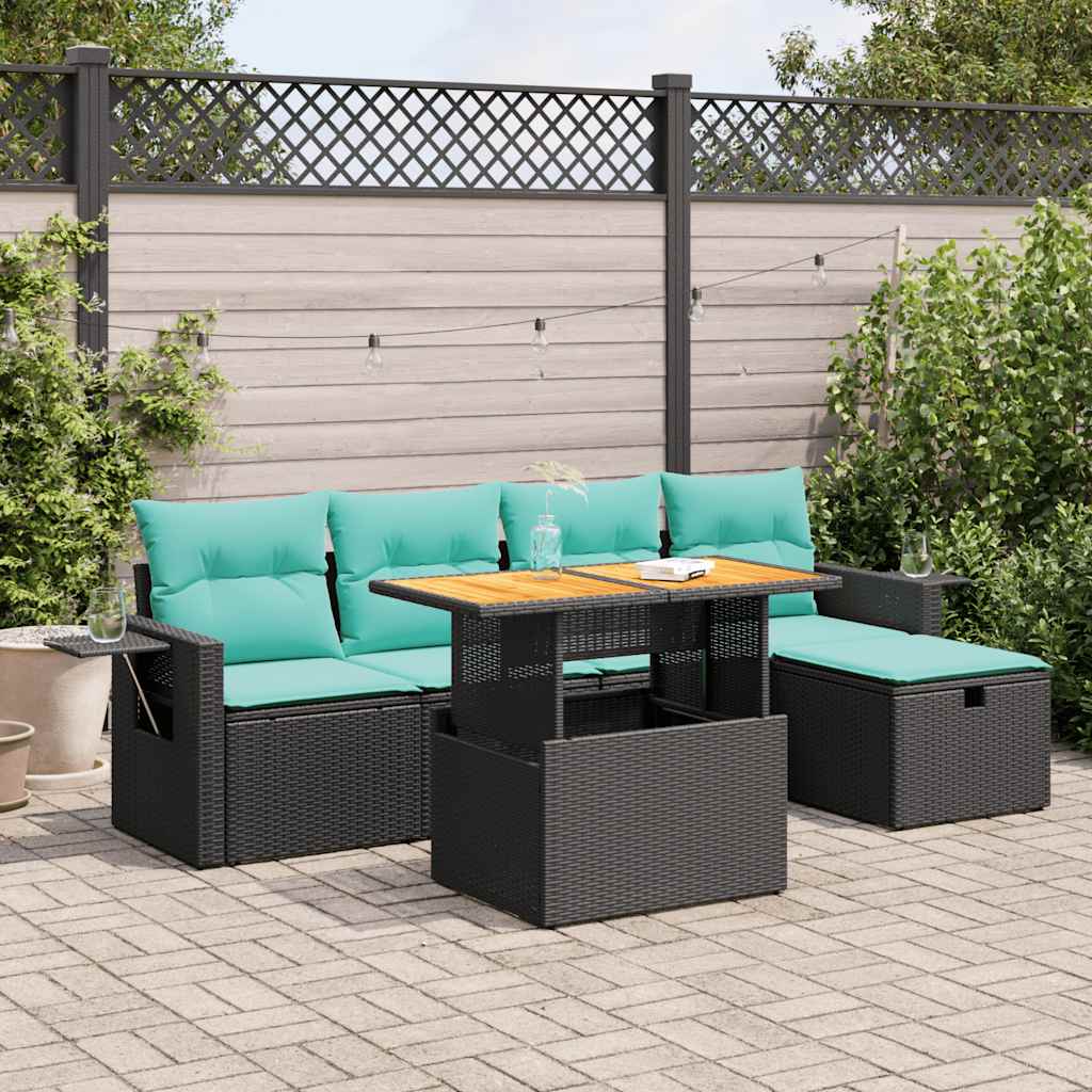 6-tlg. Garten-Sofagarnitur mit Kissen Schwarz Poly Rattan