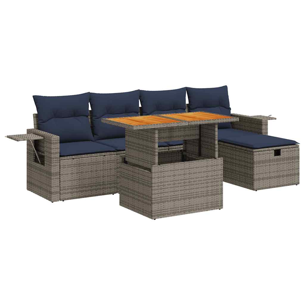 6-tlg. Garten-Sofagarnitur mit Kissen Grau Poly Rattan Akazie