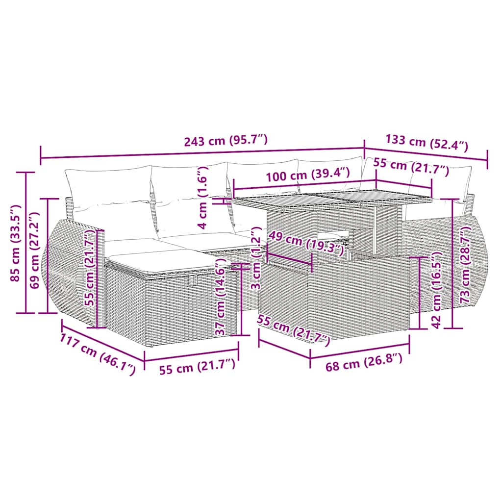 8-tlg. Garten-Sofagarnitur mit Kissen Schwarz Poly Rattan