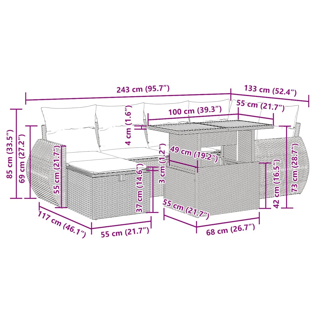 7-tlg. Garten-Sofagarnitur mit Kissen Grau Poly Rattan Akazie