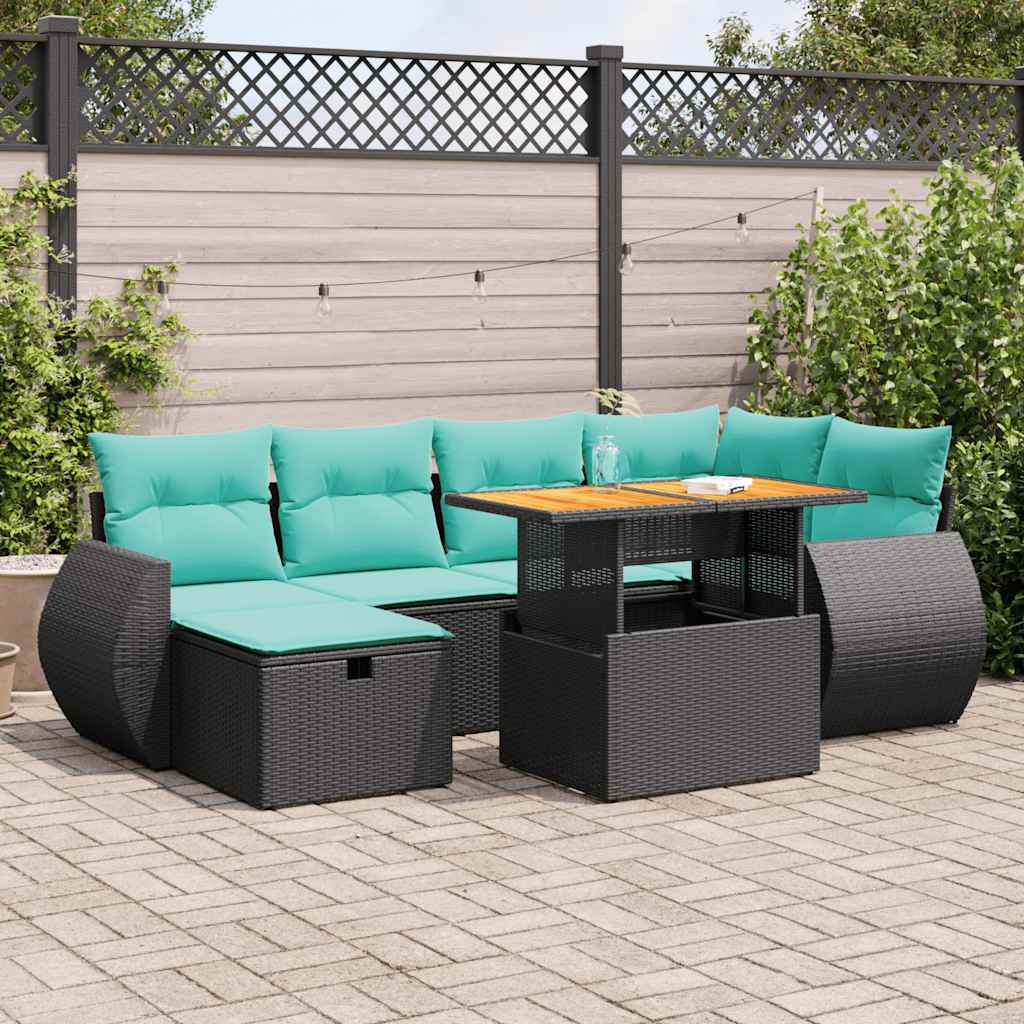 7-tlg. Garten-Sofagarnitur mit Kissen Grau Poly Rattan Akazie