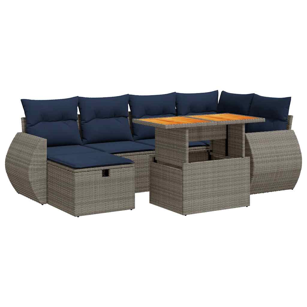 7-tlg. Garten-Sofagarnitur mit Kissen Braun Poly Rattan Akazie