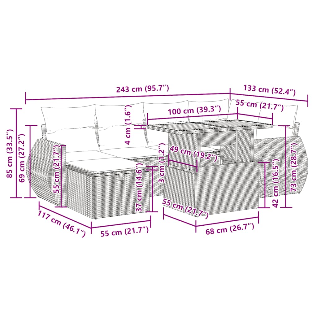 7-tlg. Garten-Sofagarnitur mit Kissen Braun Poly Rattan Akazie