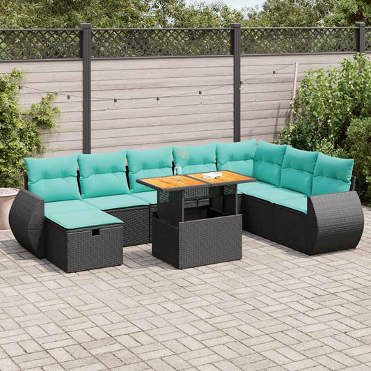 9-tlg. Garten-Sofagarnitur mit Kissen Braun Poly Rattan Akazie