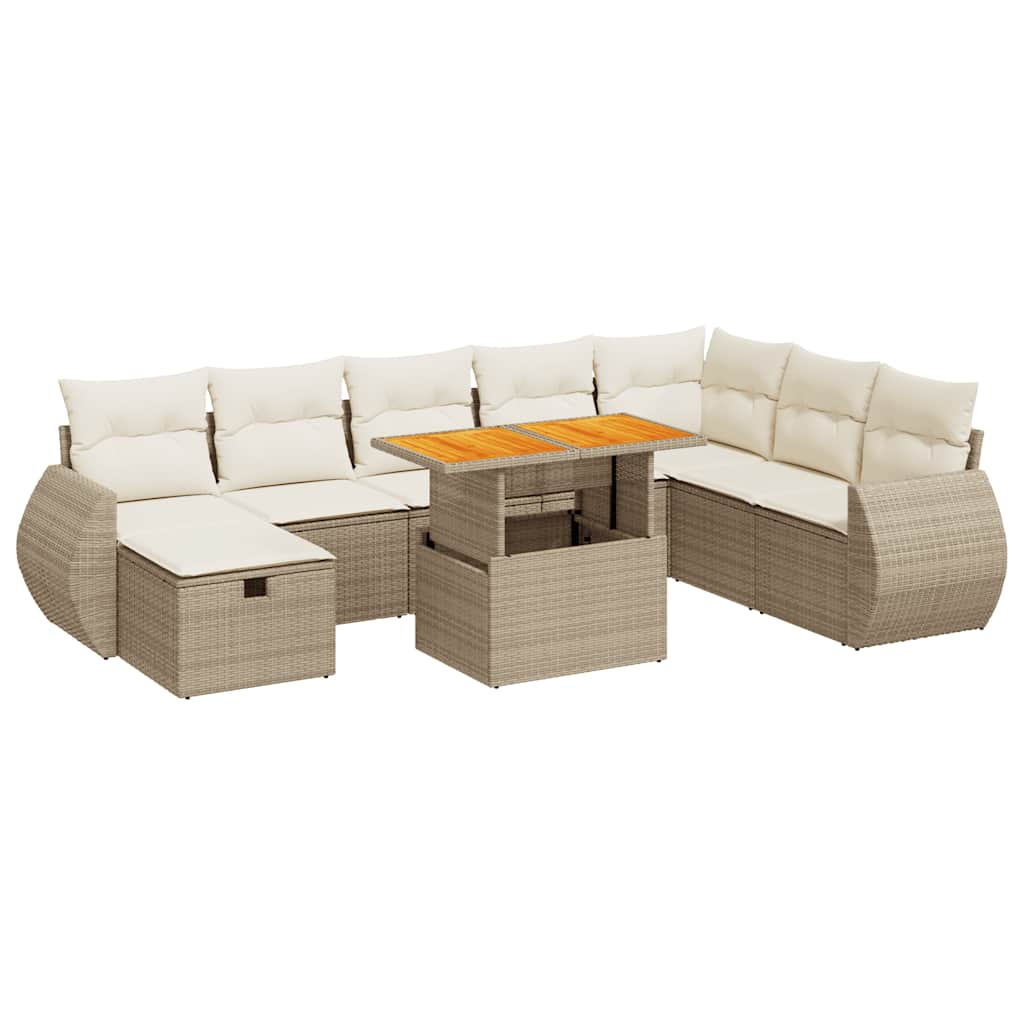 9-tlg. Garten-Sofagarnitur mit Kissen Beige Poly Rattan Akazie