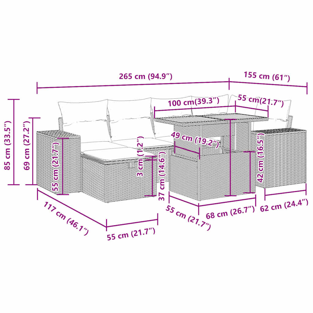 7-tlg. Garten-Sofagarnitur mit Kissen Grau Poly Rattan Akazie