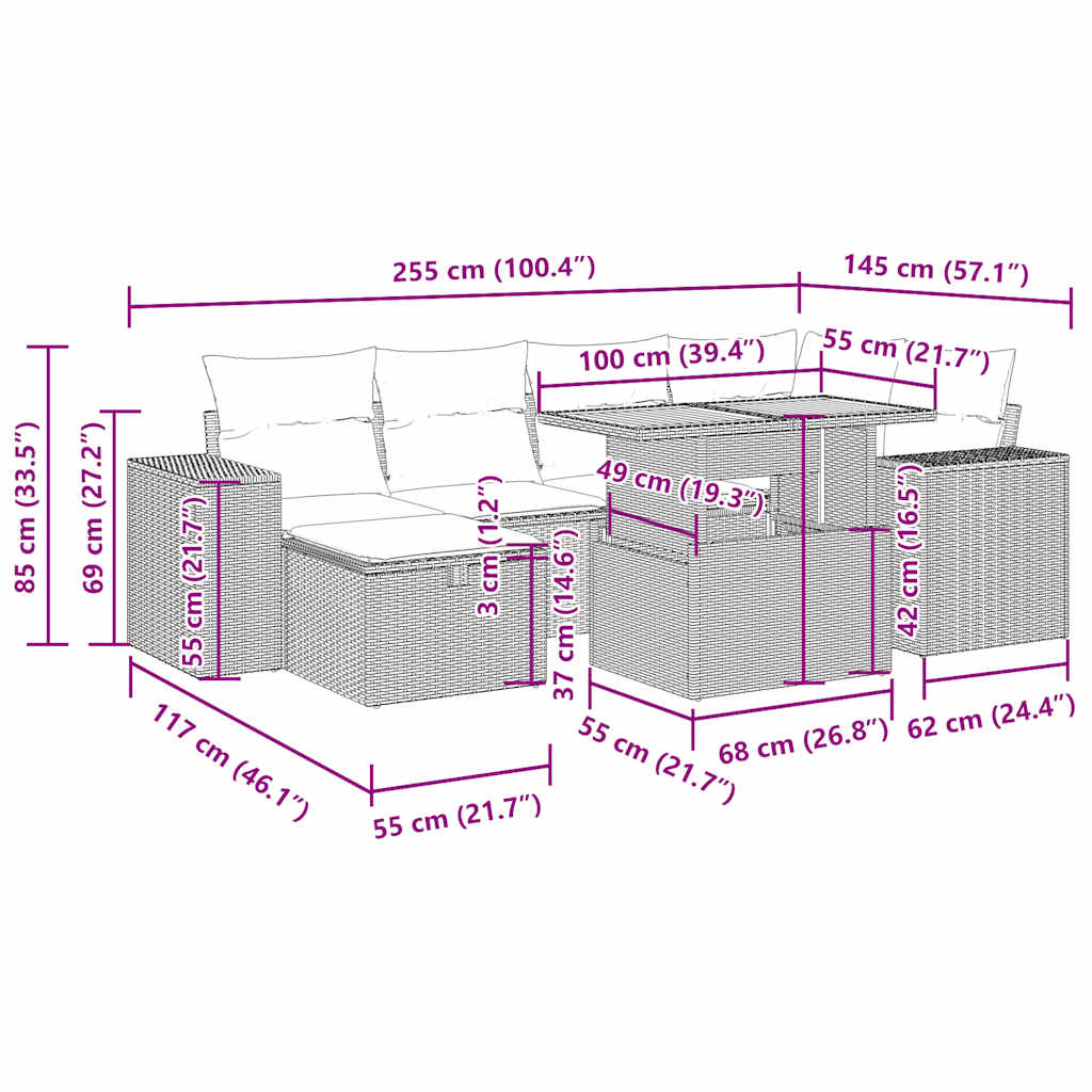 8-tlg. Garten-Sofagarnitur mit Kissen Grau Poly Rattan Akazie
