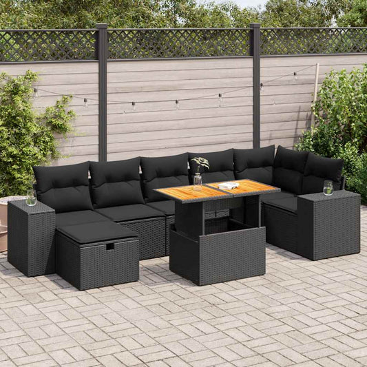 5tlg. Garten-Sofagarnitur mit Kissen Schwarz Poly Rattan Akazie