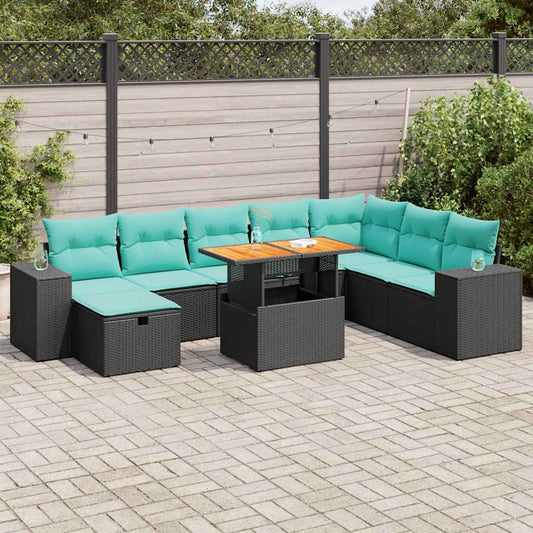 9-tlg. Garten-Sofagarnitur mit Kissen Schwarz Poly Rattan