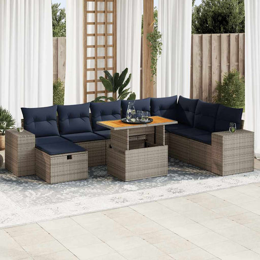 9-tlg. Garten-Sofagarnitur mit Kissen Grau Poly Rattan Akazie