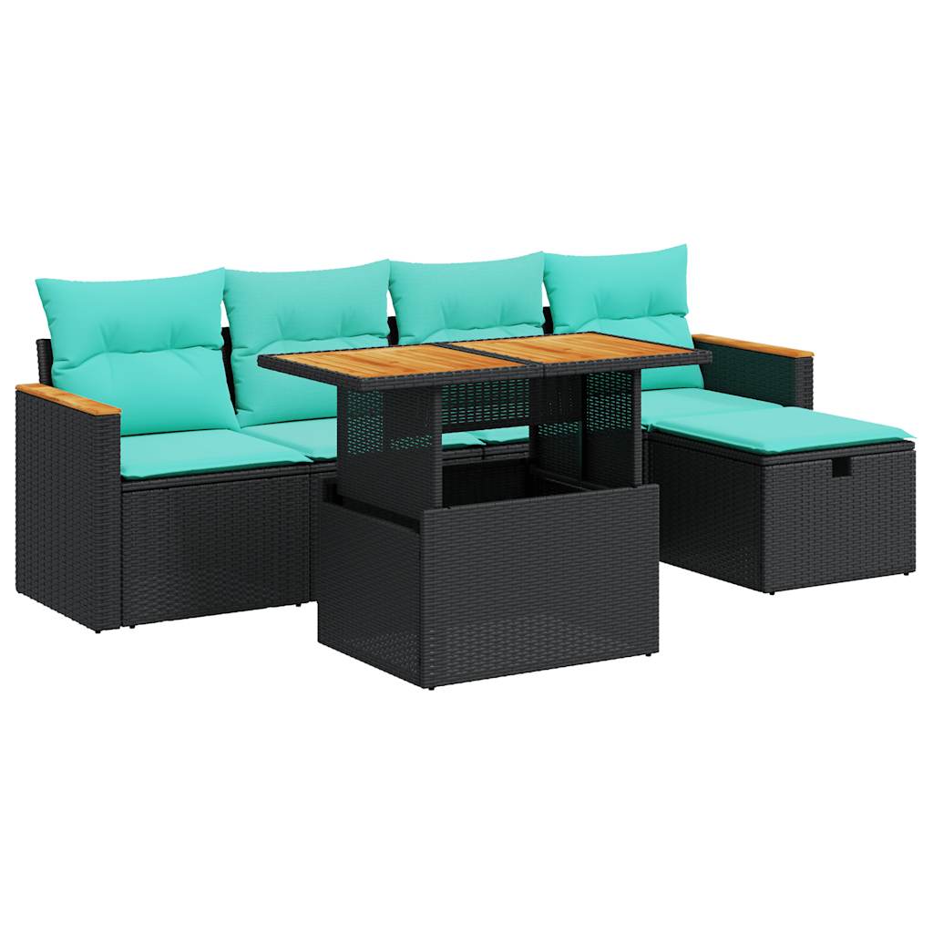 6-tlg. Garten-Sofagarnitur mit Kissen Schwarz Poly Rattan