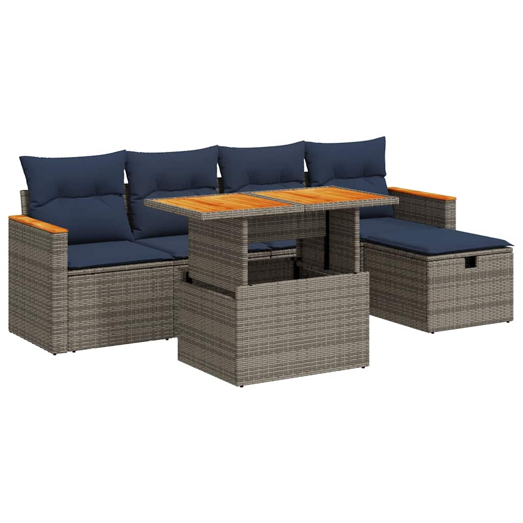 6-tlg. Garten-Sofagarnitur mit Kissen Grau Poly Rattan Akazie