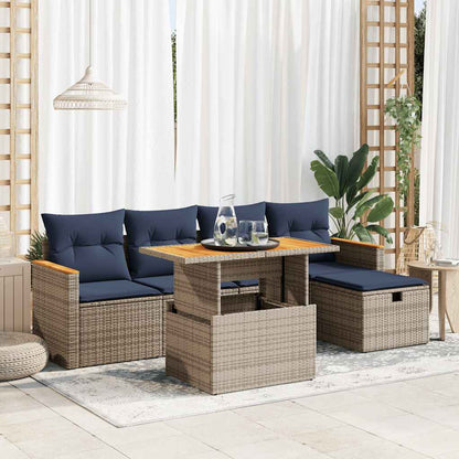 6-tlg. Garten-Sofagarnitur mit Kissen Grau Poly Rattan Akazie