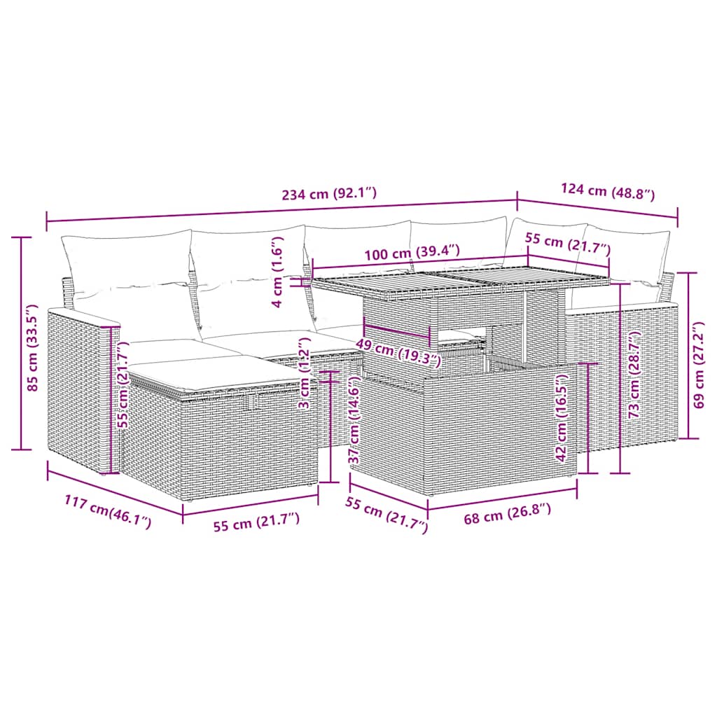 8-tlg. Garten-Sofagarnitur mit Kissen Schwarz Poly Rattan
