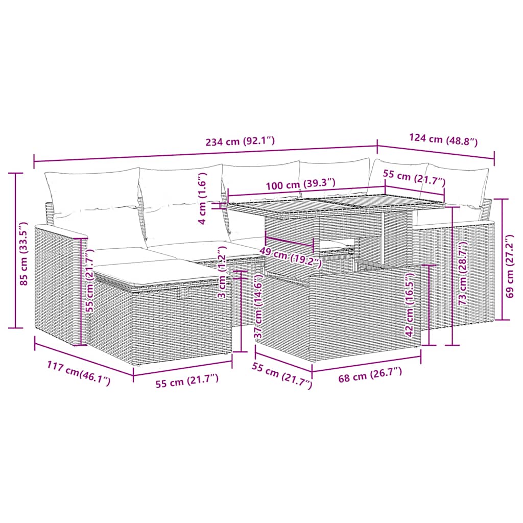 7-tlg. Garten-Sofagarnitur mit Kissen Braun Poly Rattan Akazie
