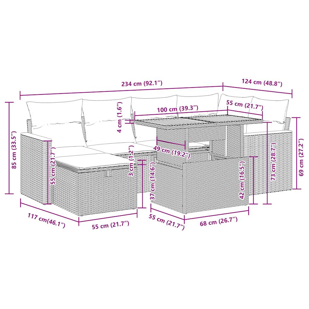 8-tlg. Garten-Sofagarnitur mit Kissen Beige Poly Rattan