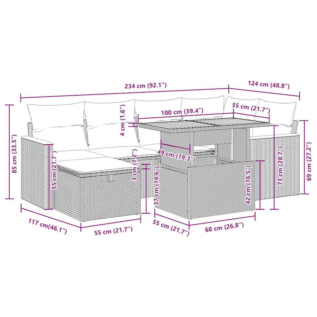 8-tlg. Garten-Sofagarnitur mit Kissen Beige Poly Rattan