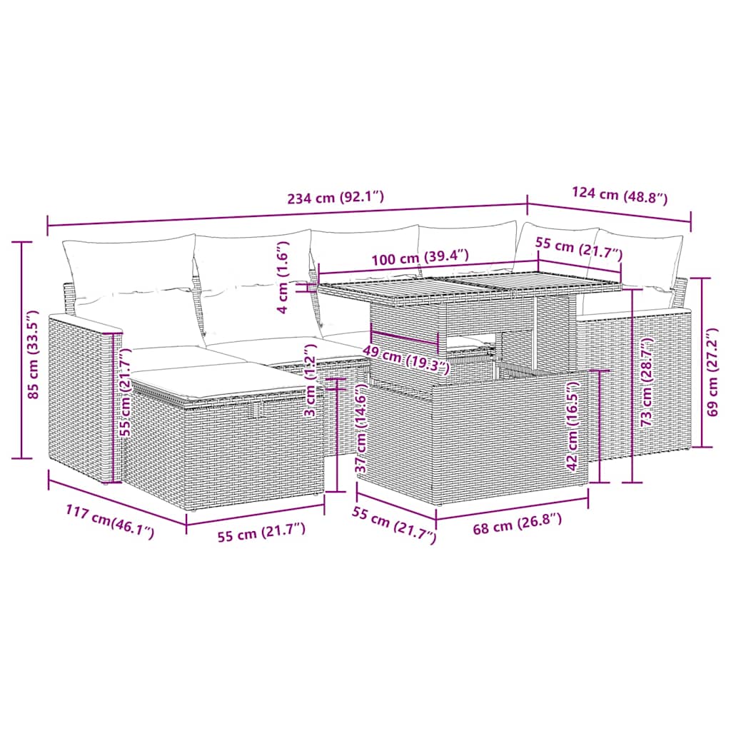 8-tlg. Garten-Sofagarnitur mit Kissen Grau Poly Rattan