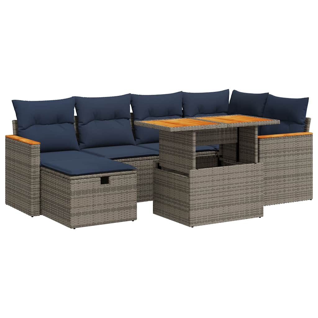 7-tlg. Garten-Sofagarnitur mit Kissen Grau Poly Rattan